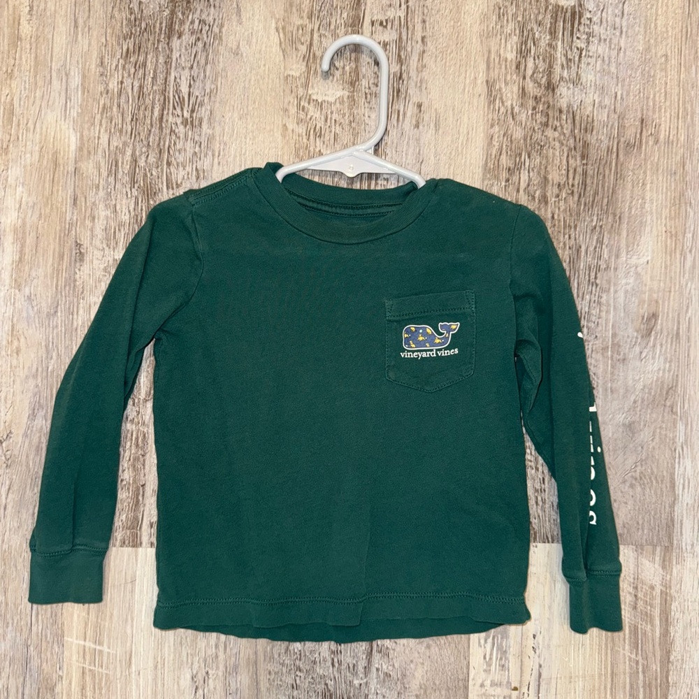 Vineyard Vines Shirt KIDS 2T Green Navy Crew Neck Whale W/ Dogs Logo Long Sleeve